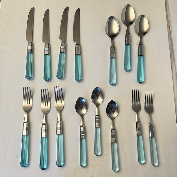 Vintage Jeweled Lucite Handle 5 pc Service for 2 plus extras Silverware Flatware - Picture 1 of 10